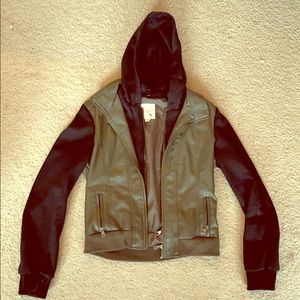 Olive green hooded leather jacket (from PACSUN)